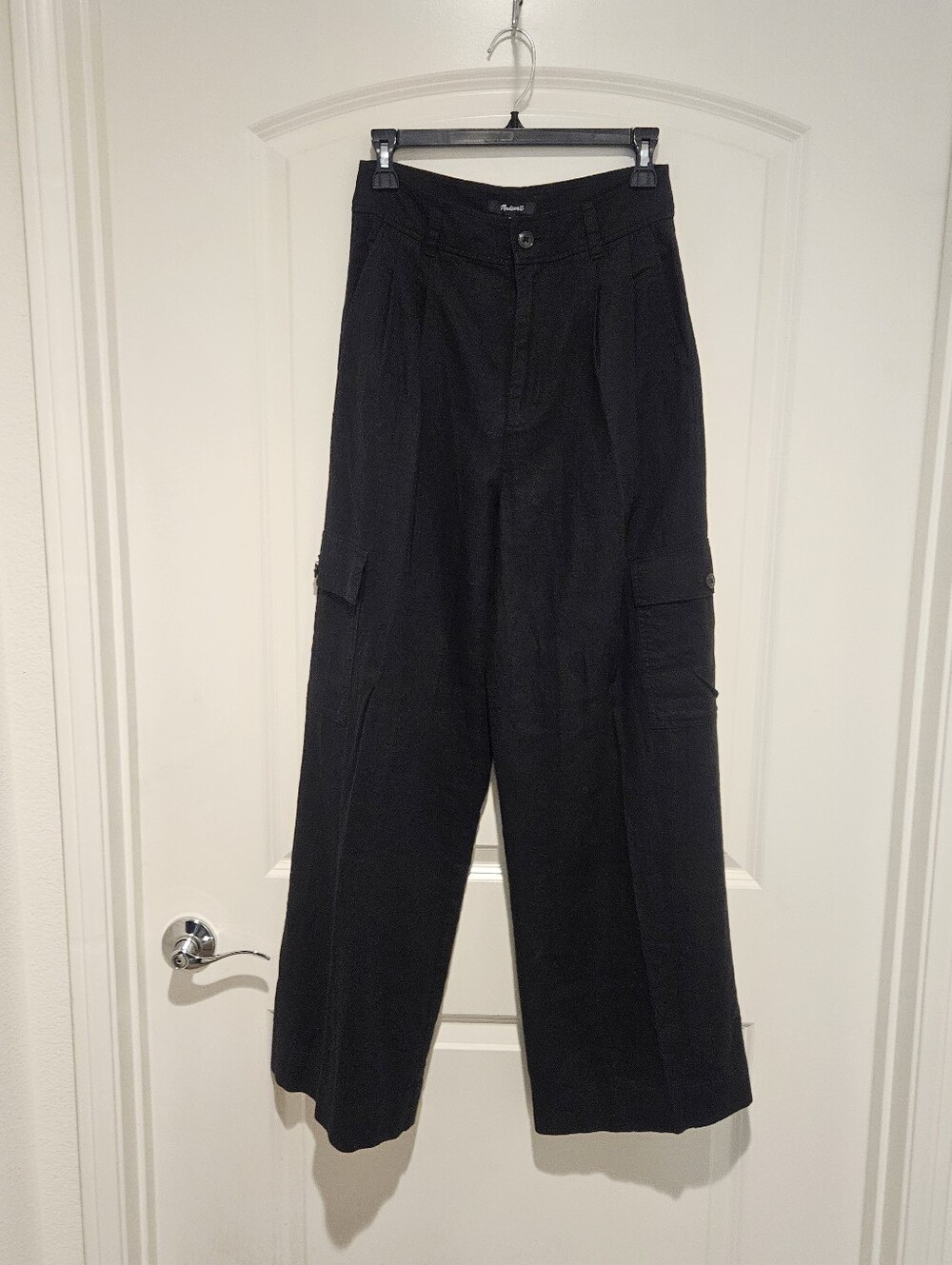 Madewell Linen Blend Women's High-Rise Black Wide-Leg Cargo Pants #969
